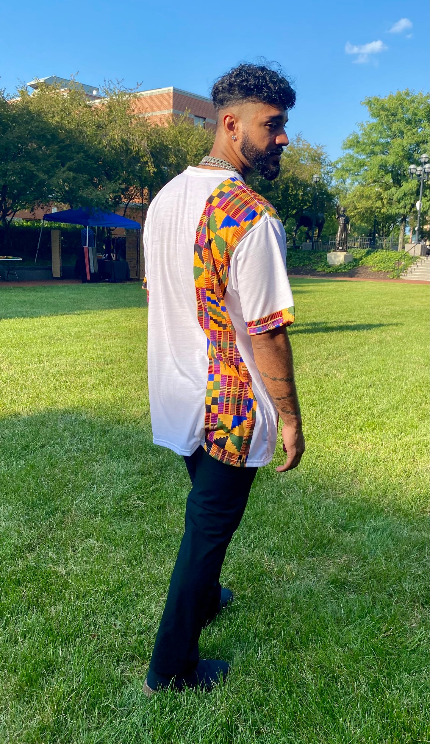 Kente African Print Deluxe Top - Yellow Green on White