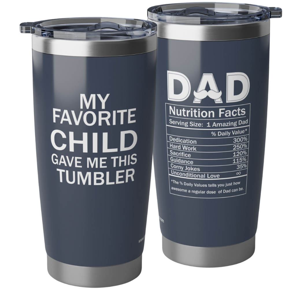 personalizable blue tumbler with nutrition facts and favorite child messages for dad