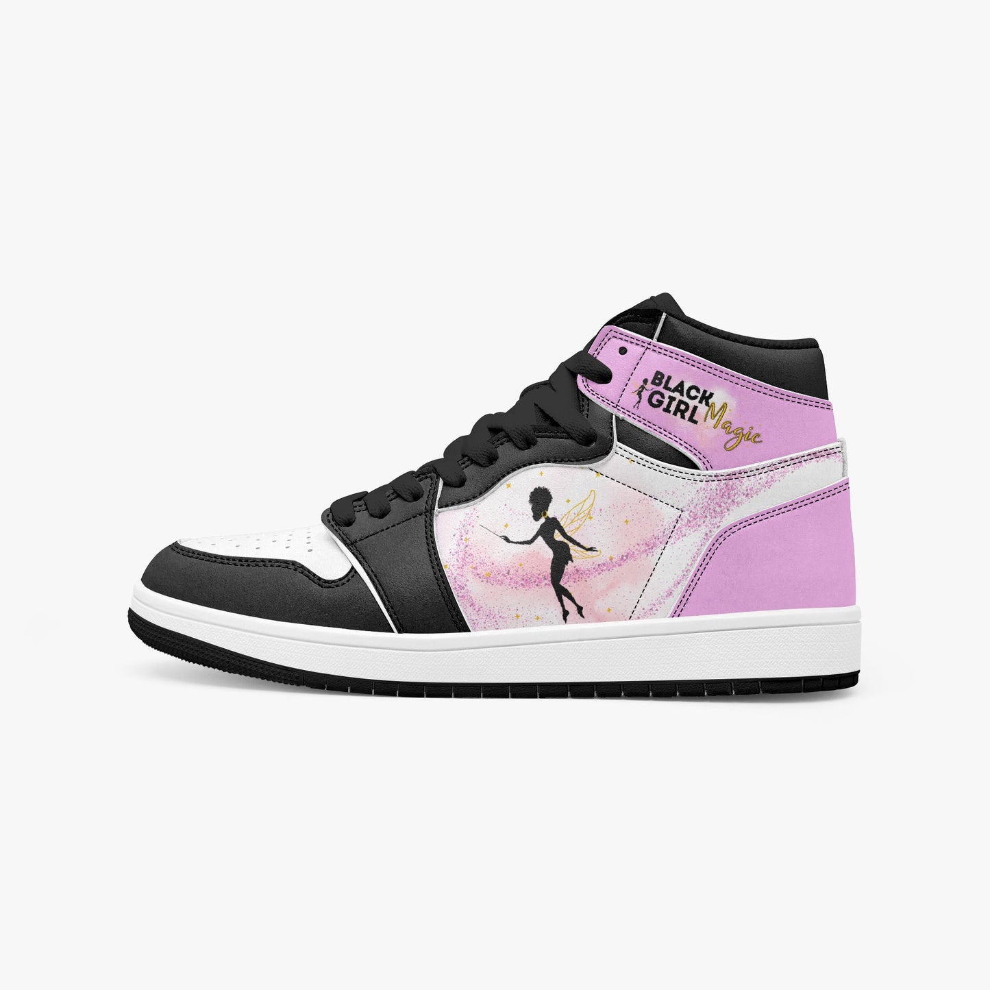 Black Girl Magic high-top in pink and black with fairy silhouette design and empowerment message -  black right accent inside view