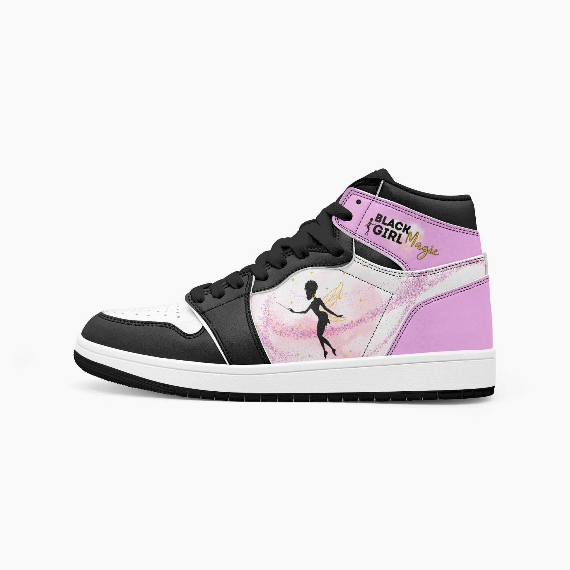 Black Girl Magic high-top in pink and black with fairy silhouette design and empowerment message -  black right accent inside view