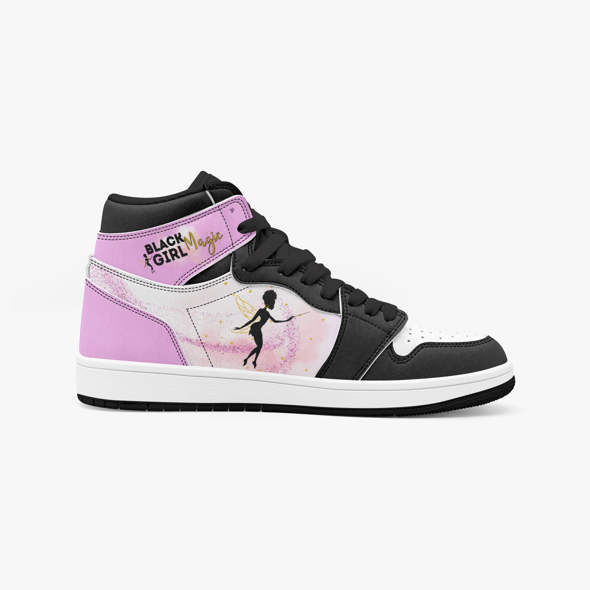 Black Girl Magic high-top in pink and black with fairy silhouette design and empowerment message -  black accent inside view