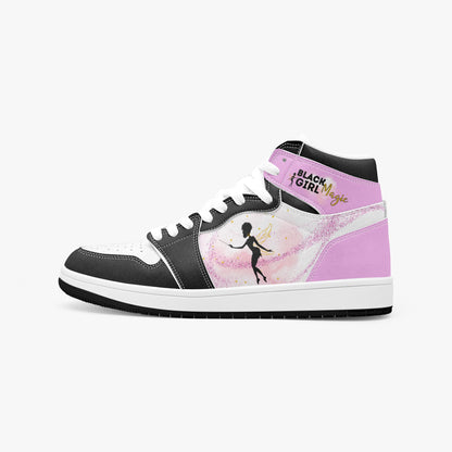 Black Girl Magic high-top sneakers in pink and black with fairy silhouette design and empowerment message .