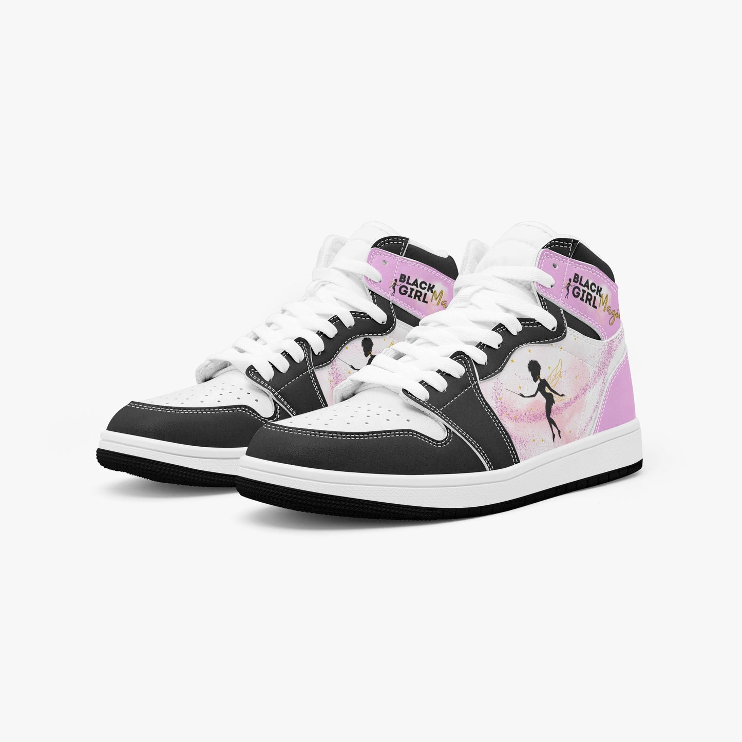 Black Girl Magic high-top sneakers in pink and black with fairy silhouette design and empowerment message . - angled view of piar