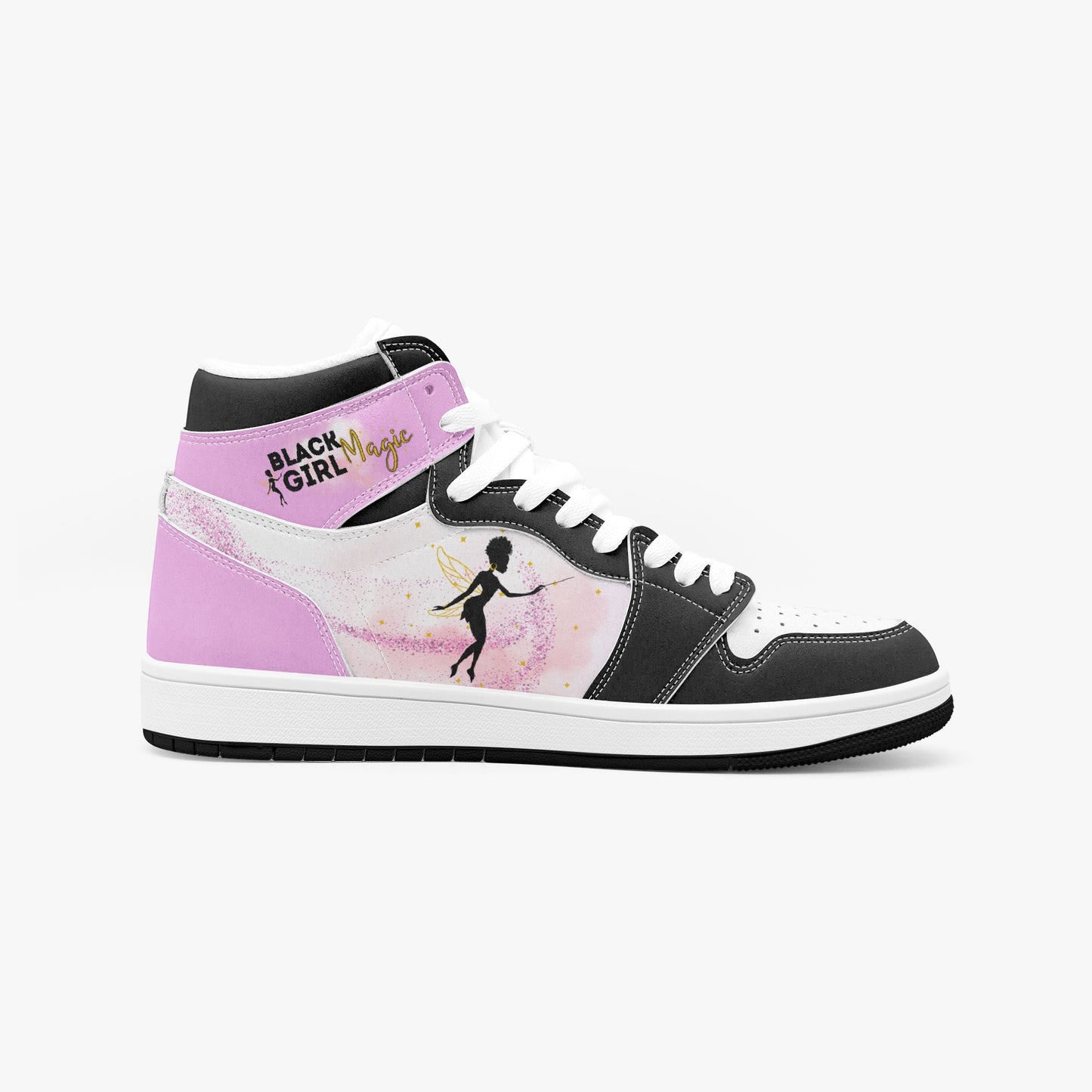 Black Girl Magic high-top sneakers in pink and black with fairy silhouette design and empowerment message,  inside side view