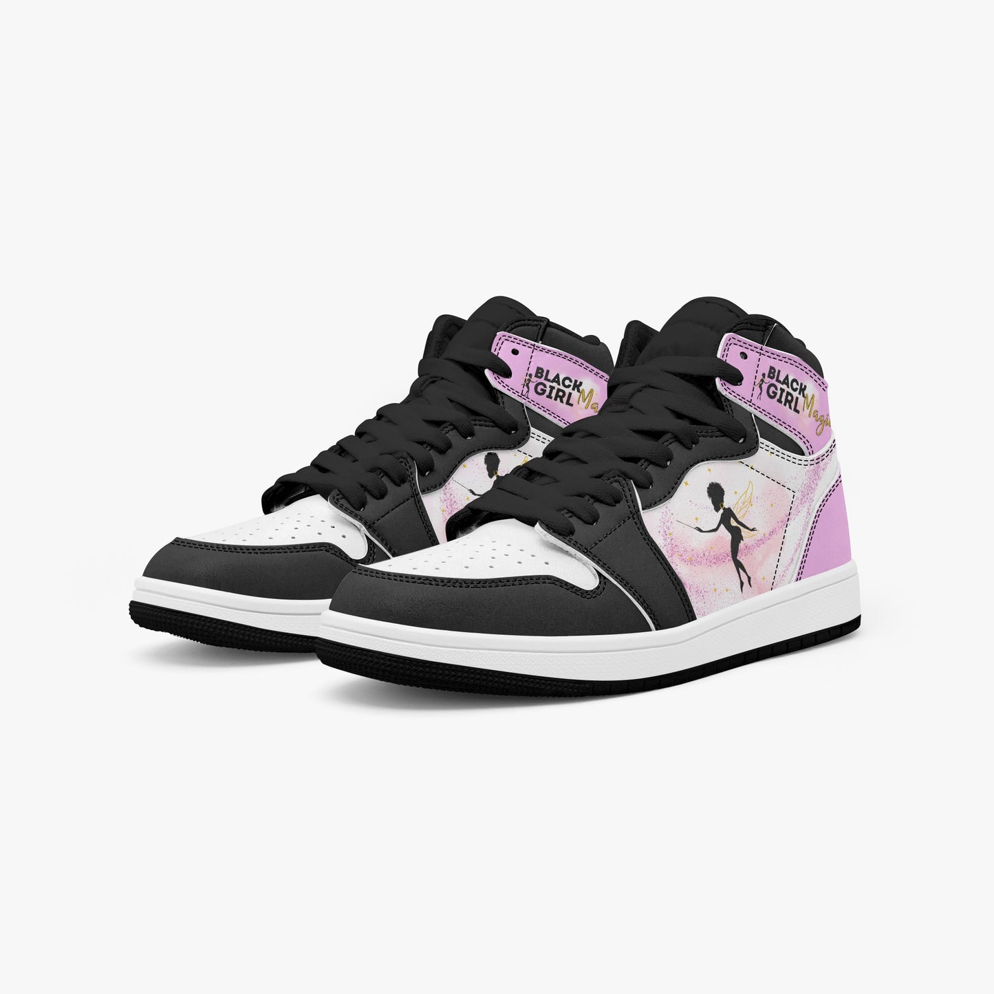 Black Girl Magic high-top sneakers in pink and black with fairy silhouette design and empowerment message  - black accent angled view of pair