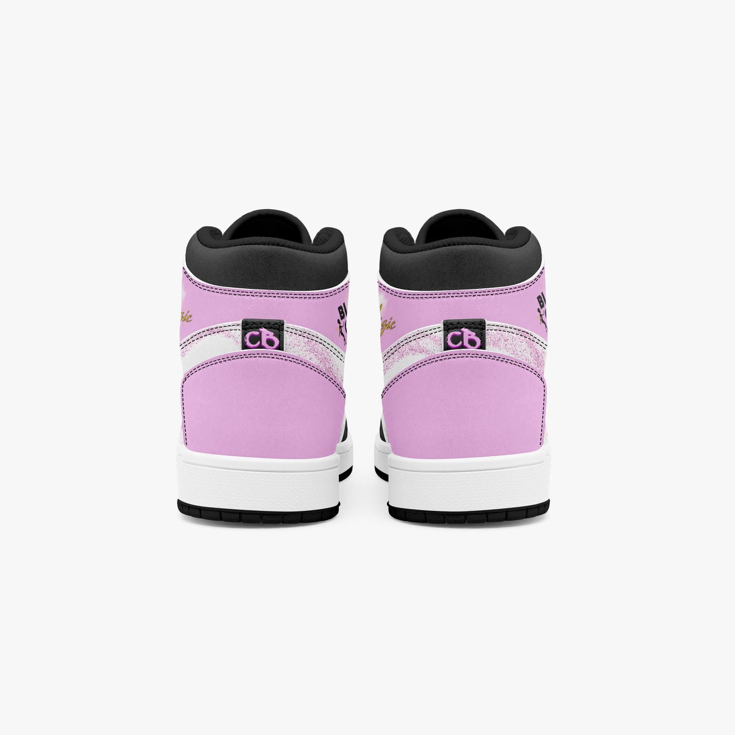 Black Girl Magic high-top sneakers in pink and black with fairy silhouette design and empowerment message  rear view