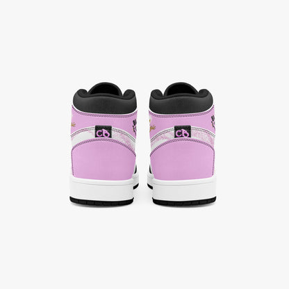 Black Girl Magic high-top sneakers in pink and black with fairy silhouette design and empowerment message  rear view
