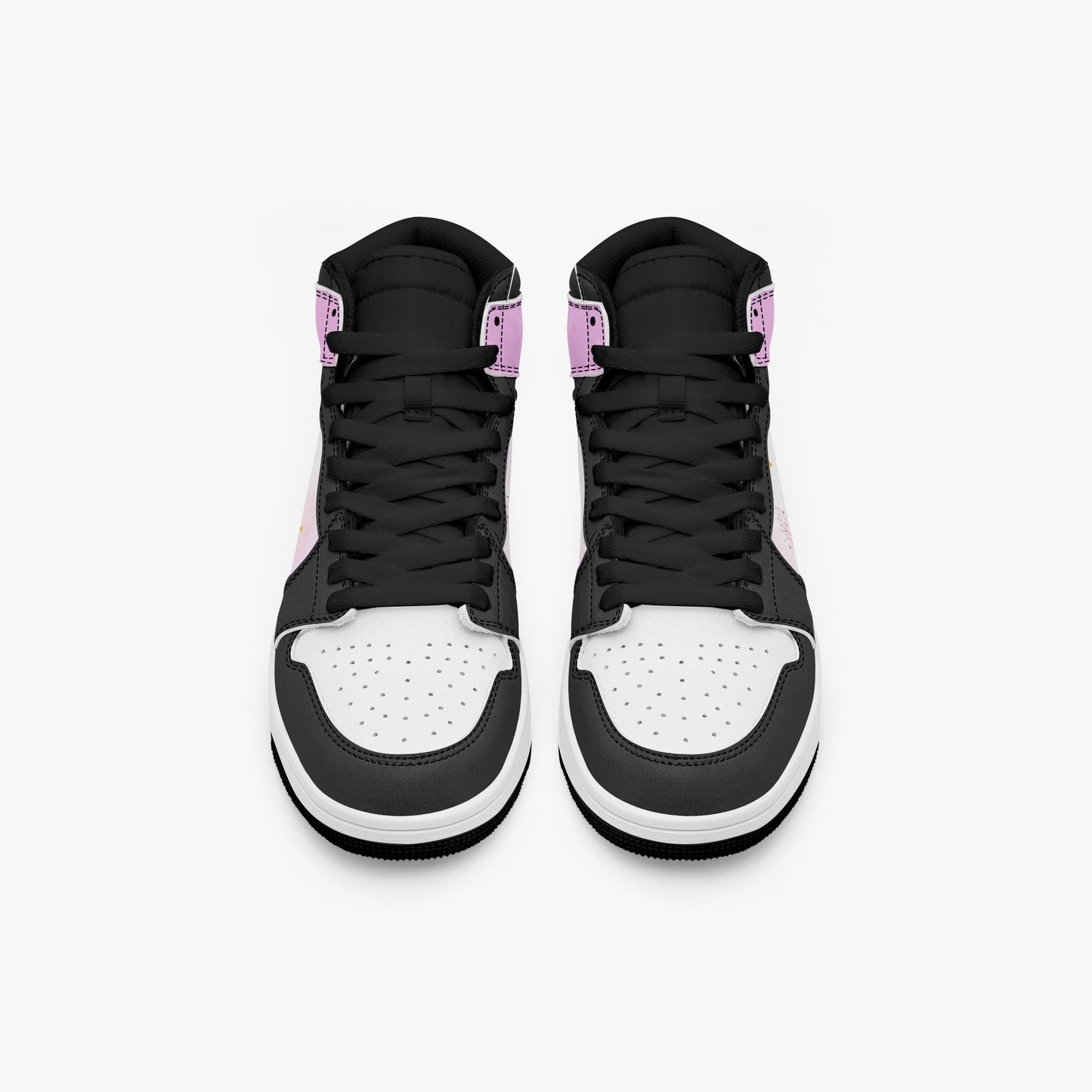 Black Girl Magic high-top sneakers in pink and black with fairy silhouette design and empowerment message  - black accent top view 