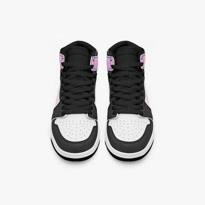 Black Girl Magic high-top sneakers in pink and black with fairy silhouette design and empowerment message  - black accent top view 