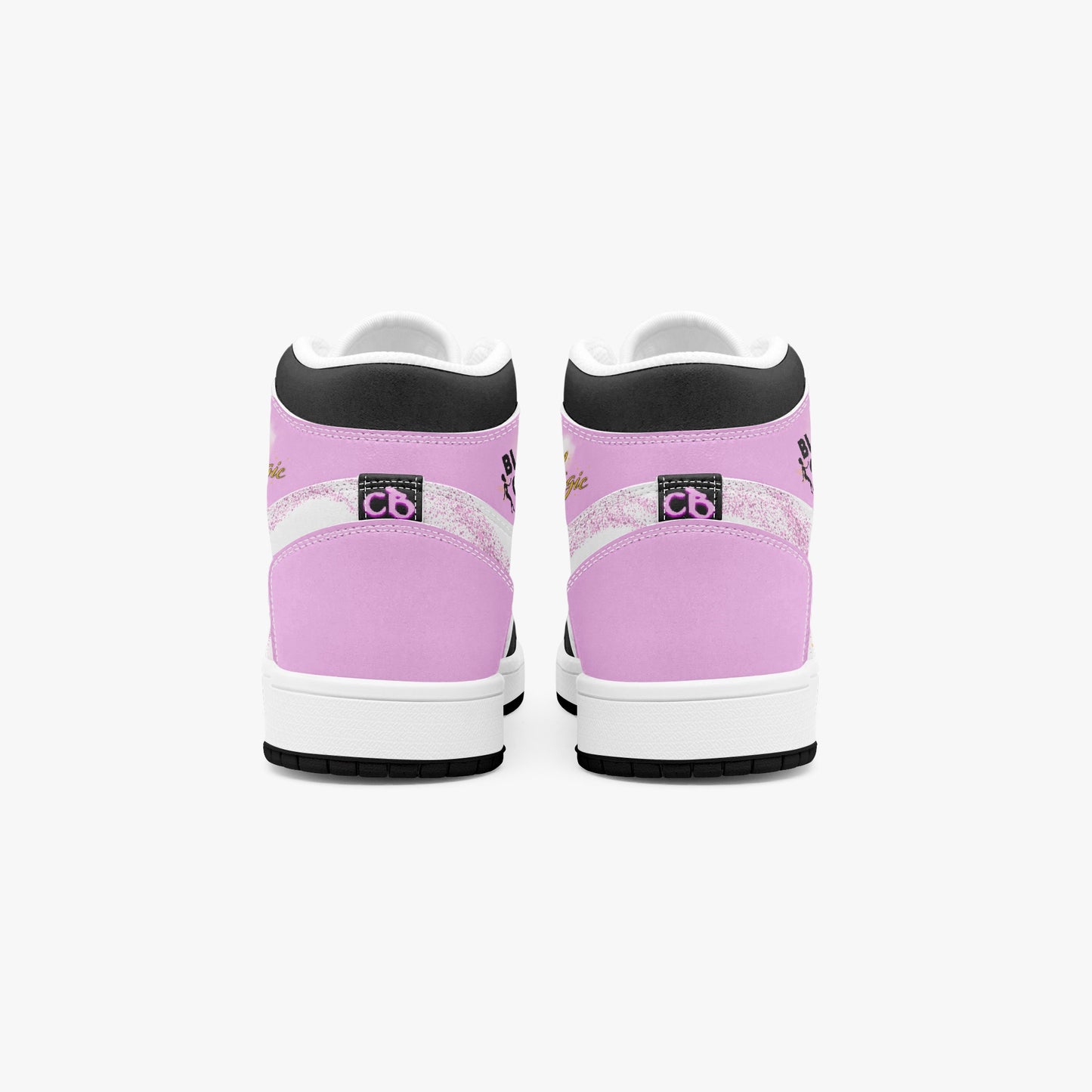 Black Girl Magic high-top sneakers in pink and black with fairy silhouette design and empowerment message   rear view
