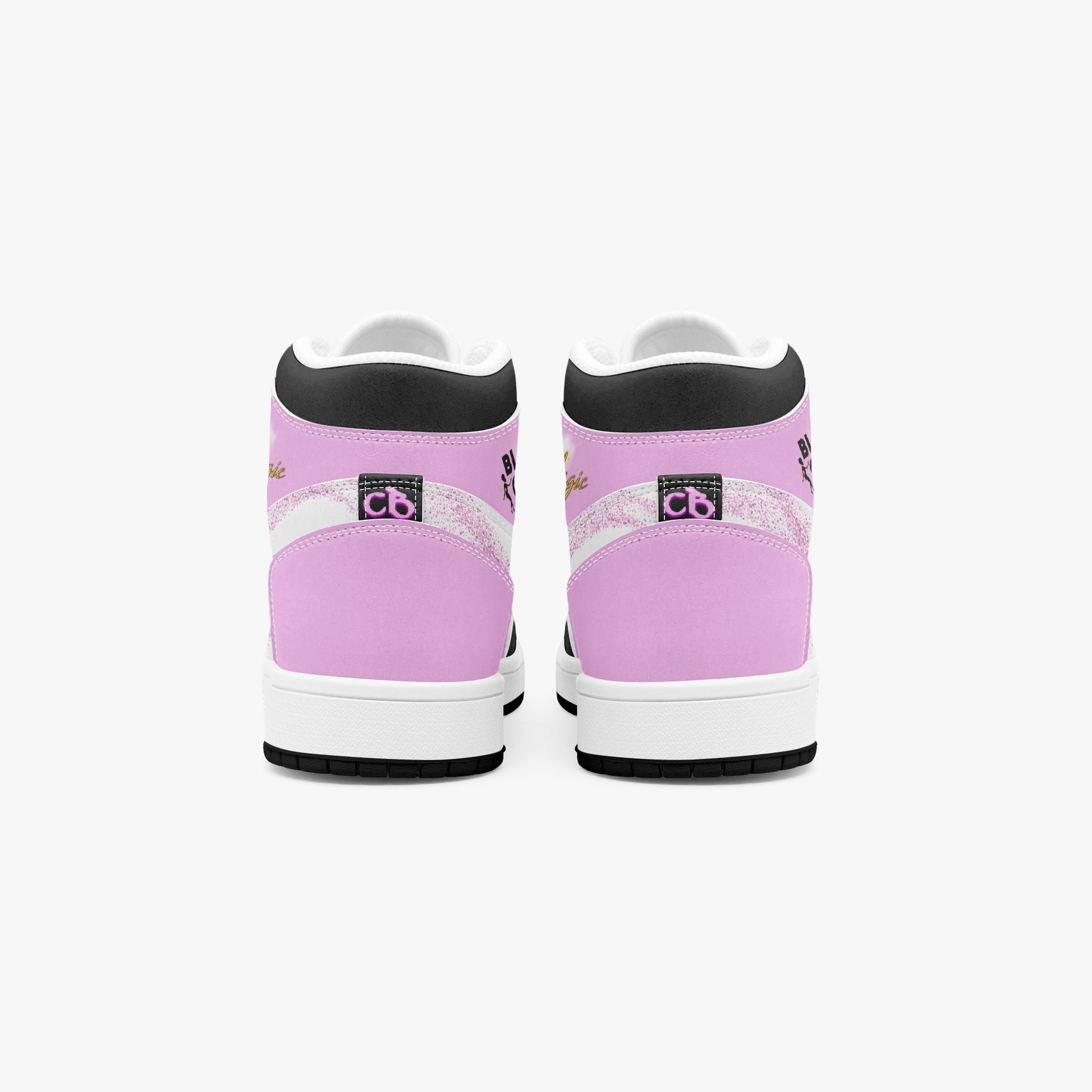 Black Girl Magic high-top sneakers in pink and black with fairy silhouette design and empowerment message   rear view