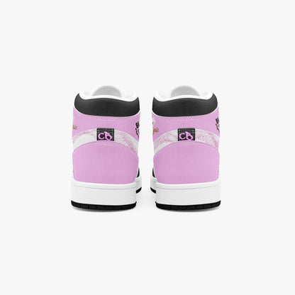 Black Girl Magic high-top sneakers in pink and black with fairy silhouette design and empowerment message   rear view