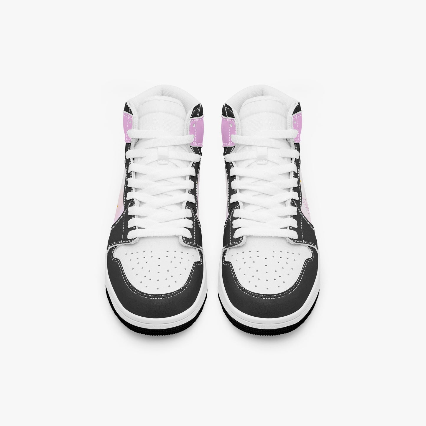 Black Girl Magic high-top sneakers in pink and black with fairy silhouette design and empowerment message  - top view