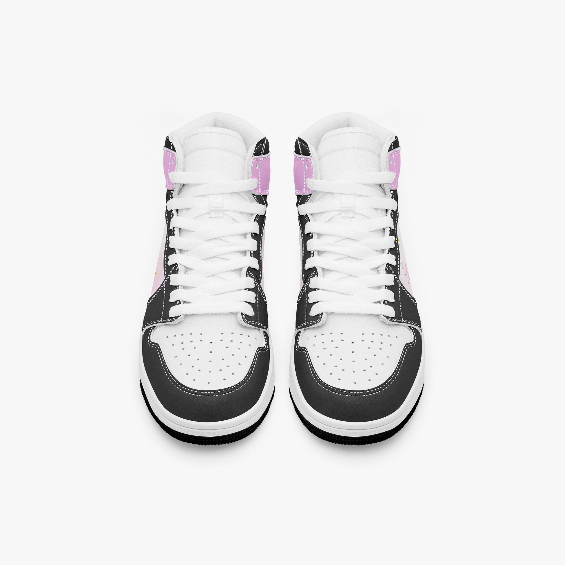 Black Girl Magic high-top sneakers in pink and black with fairy silhouette design and empowerment message  - top view