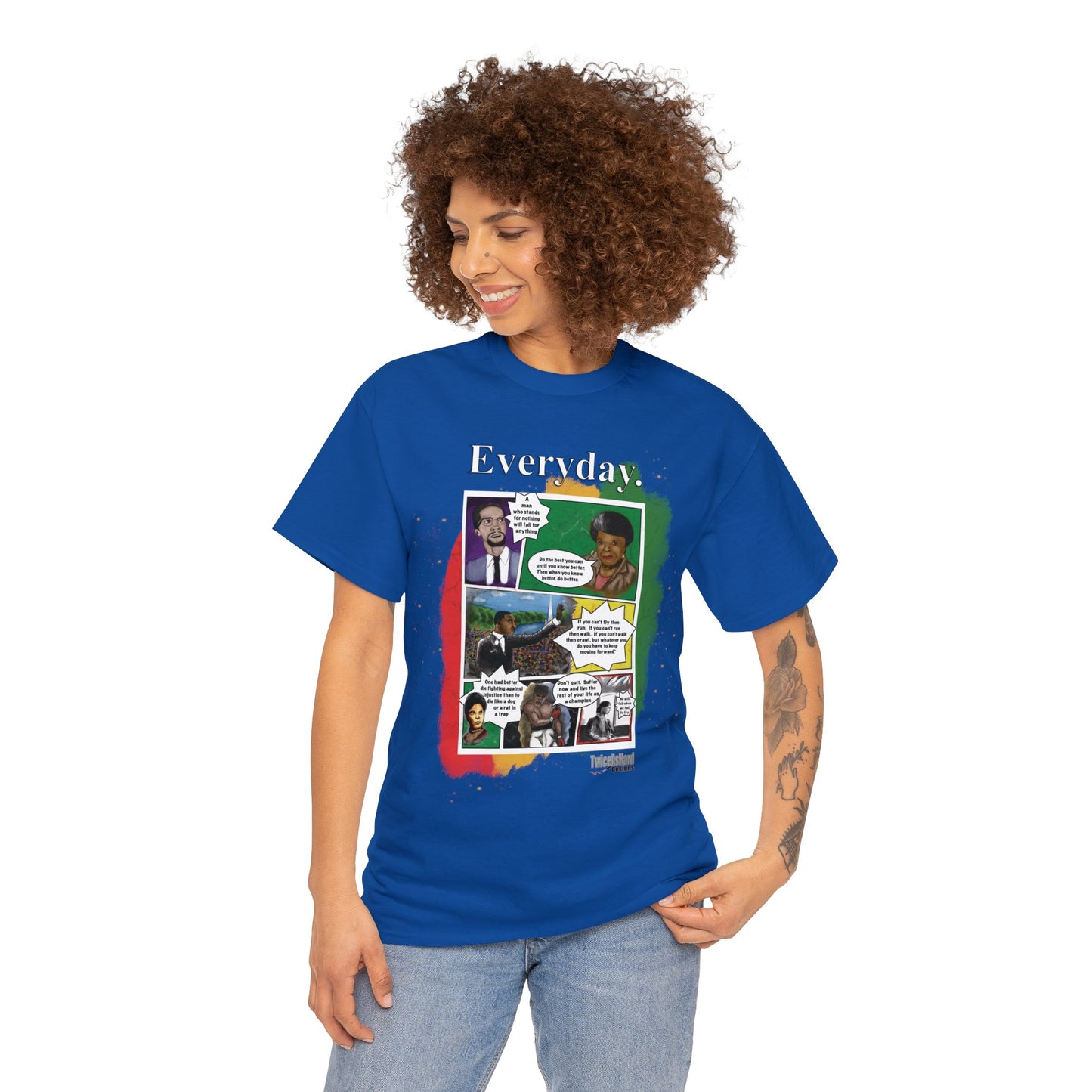 Blue shirt with Muhammad Ali, Maya Angelou, Malcom X, Rosa Parks, Martin Luther King, Jr., and Ida B. Wells with inspirational quotes in comic book form