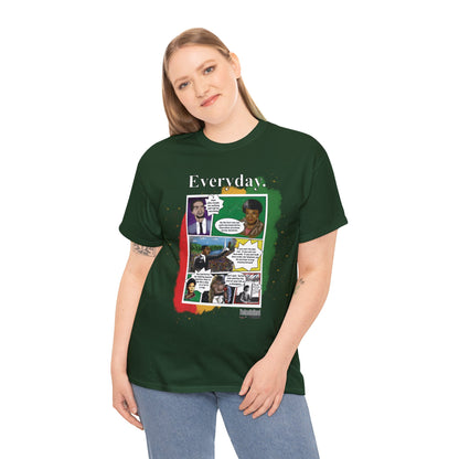 Green shirt with Muhammad Ali, Maya Angelou, Malcom X, Rosa Parks, Martin Luther King, Jr., and Ida B. Wells with inspirational quotes in comic book form