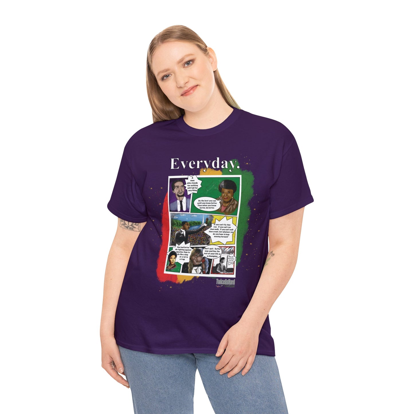 Purple shirt with Muhammad Ali, Maya Angelou, Malcom X, Rosa Parks, Martin Luther King, Jr., and Ida B. Wells with inspirational quotes in comic book form
