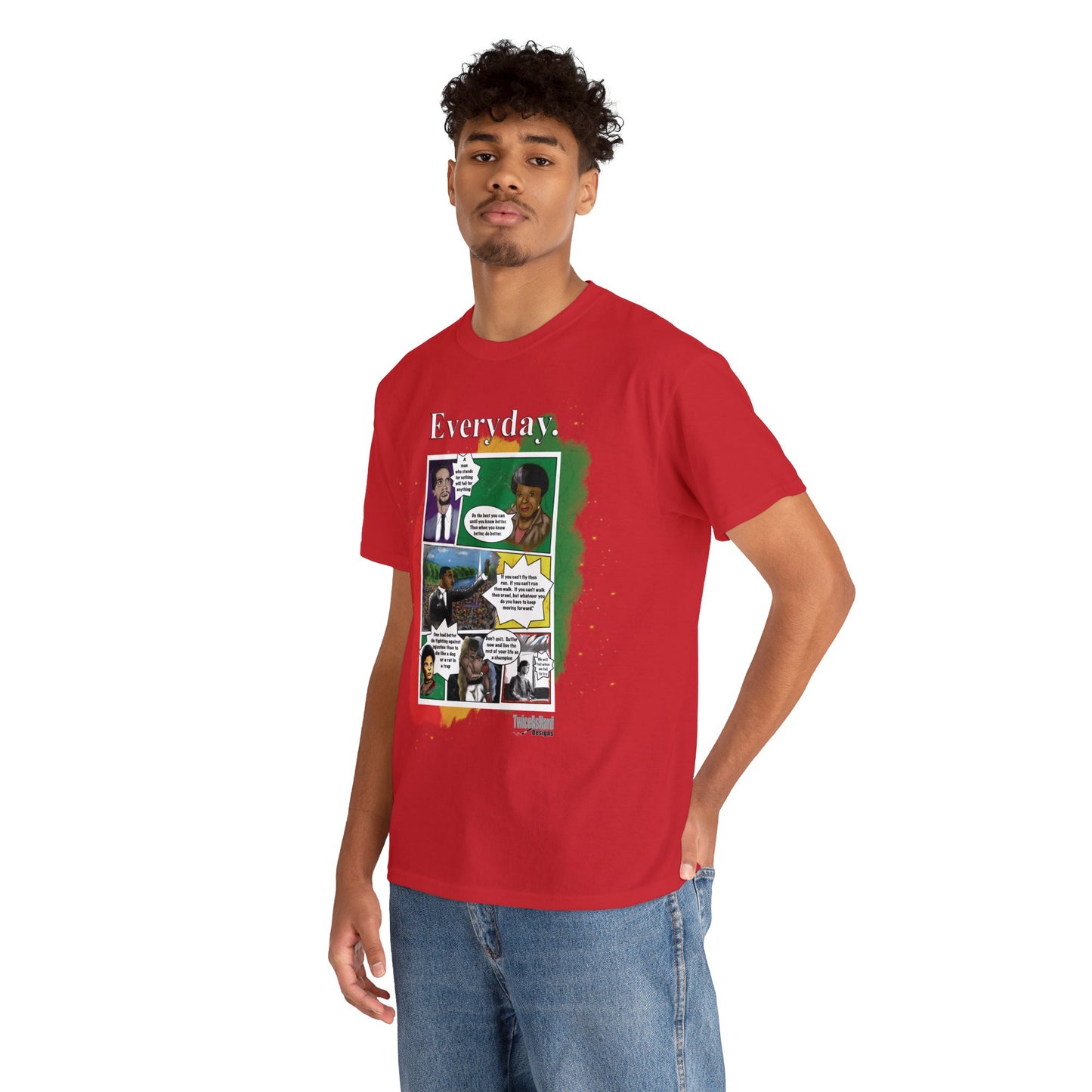 Red shirt with Muhammad Ali, Maya Angelou, Malcom X, Rosa Parks, Martin Luther King, Jr., and Ida B. Wells with inspirational quotes in comic book form
