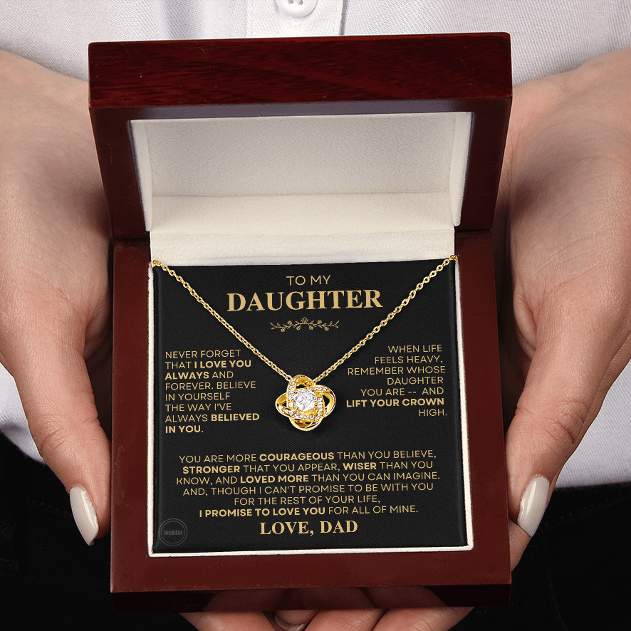 Love Knot necklace in gift box with sentimental message from dad with yellow gold version