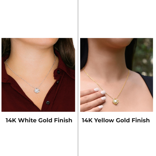 Woman wearing Love Knot necklace — minimalist, elegant jewelry.